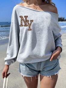 Veykashi Sudadera holgada de manga larga con estampado de letra NY y leopardo, de hombros descubiertos, para mujer