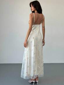 Aloruh Váy dây mảnh gợi cảm cổ chữ V sâu thêu hoa dành cho nữ - Màu be - Xem 3