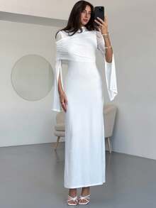 Aloruh Đầm ôm sát cổ cao thanh lịch thiết kế mới, xẻ tà bất đối xứng, tay dài, dáng ôm, chất liệu tương phản, đầm tay loe - trắng - Xem 7