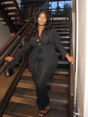 Hourglow Ceceforeign_ Plus Size 2pcs Set: Tie Front Blouse With Bowknot And Solid Color Flared Knit Pants, For Hourglass Body Shape