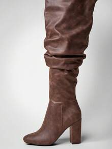 SHUZIA Women's Glamorous Pointy Toe Thigh High Block Heel Boots For Christmas - Brown - View 5