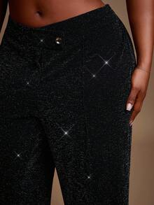 SHEIN SXY Plus Size Women's Elegant Shiny High-Waisted Straight Leg Black Dress Pants, Suitable For Party In Autumn & Winter