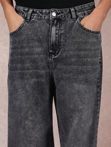 SUMWON 复古风宽松牛仔裤，直筒阔腿裤，休闲百搭，秋冬必备，宽松舒适，纯色 - 黑色 - 查看 5