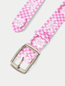 TOM & JERRY X SHEIN 1pc Women's Cartoon & Checkerboard Pattern Buckle Fashionable Denim Belt - Pink - View 4