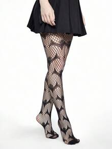 ROMWE Grunge Punk 1 Pair Dark Gothic Bat Print Fishnet Tights - Black - View 4