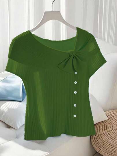 GlowEve Camiseta casual de mujer de unicolor con diseño de botones y decoración de lazo en las mangas cortas
