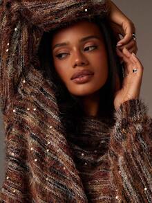 Athîral 女式秋季条纹落肩长袖亮片设计宽松衬衫 - 彩色 - 查看 4