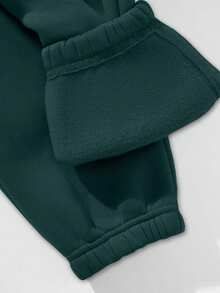 2pcs Women Minimalist Print Hooded Long Sleeve Top And Pants Set - Dark Green - View 3