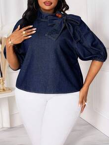 SHEIN Lady Áo cánh denim trang trí nơ màu trơn cỡ lớn - Rửa tối - Xem 3