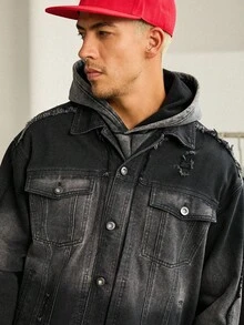 Manfinity Hypemode 男士黑色 Grunge 街头时尚破旧渐变牛仔夹克中性款 GenZ 水洗口袋黑色 OVERSIZE 街头万圣节万圣节秋季 - 黑色 - 查看 6