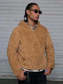 AXEPEAK Autumn/Winter Essential Fluffy Hooded Sweatshirt With Half Zip Design, Soft & Versatile - Brown - View 3