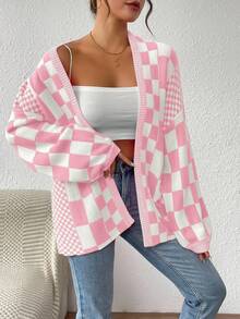 EMERY ROSE Minimalist Comfortable Checkered Cardigan, Spring/Autumn Fall Winter Cloth For Women - Baby Pink - View 6
