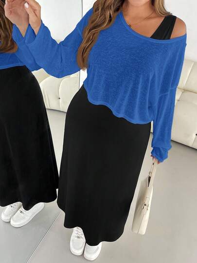 SHEIN Essnce Plus Size Women's Spring And Summer Fashion Casual Loose Comfortable Daily Breathable Light Sun Protection White Long-Sleeved Blouse And Black Vest Long Dress Two Pieces Set,Y2k Clothes,Street Wear,Matching Sets Women,Vacation Outfits Women,European Summer,Airport Outfits