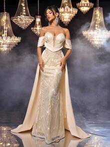 Glamrae Elegant Champagne Satin Strapless Formal Evening Dress, Luxury Dignified Pleated Waistline Bowknot High-Low Hem Train Wedding Gala Party Gown - Champagne - View 6