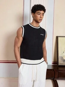 SWAVVY 标准尺寸男士撞色圆领无袖休闲针织背心毛衣，秋季，冬季 - 黑色 - 查看 3