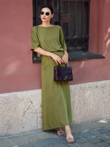 Ontre 2025新款女裝 秋冬/四季/冬季，返校穿搭，萬聖節/聖誕節，女教師穿搭，外出/夜生活，婚禮賓客禮服，優雅婚禮賓客服飾，教堂/女裝教堂服飾，商務休閒，女裝商務休閒，休閒素色蝙蝠袖上衣 & 蕾絲拼接裙套裝 - 綠色 - 查看 8