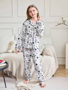 2 件女童黑色星星印花翻领长袖上衣 + 裤子睡衣套装，秋冬女童休闲家居服或睡衣 - 黑色 - 查看 3