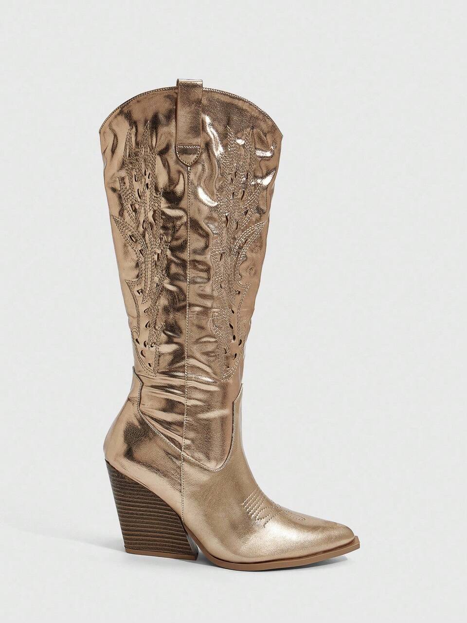 CUCCOO SZL Women's Pointed Toe Glossy Side Zipper Design High Heel Western Style Fashion Boots For Christmas Spring Shoes Cowboy Shoes