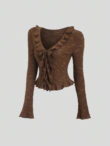 Sweetra 2025 New V-Neck Jacquard Knit Frill Trim Tie Front Long Sleeve Lightweight Jacket - Coffee Brown - View 2
