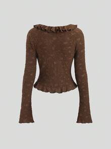Sweetra 2025 New V-Neck Jacquard Knit Frill Trim Tie Front Long Sleeve Lightweight Jacket - Coffee Brown - View 3