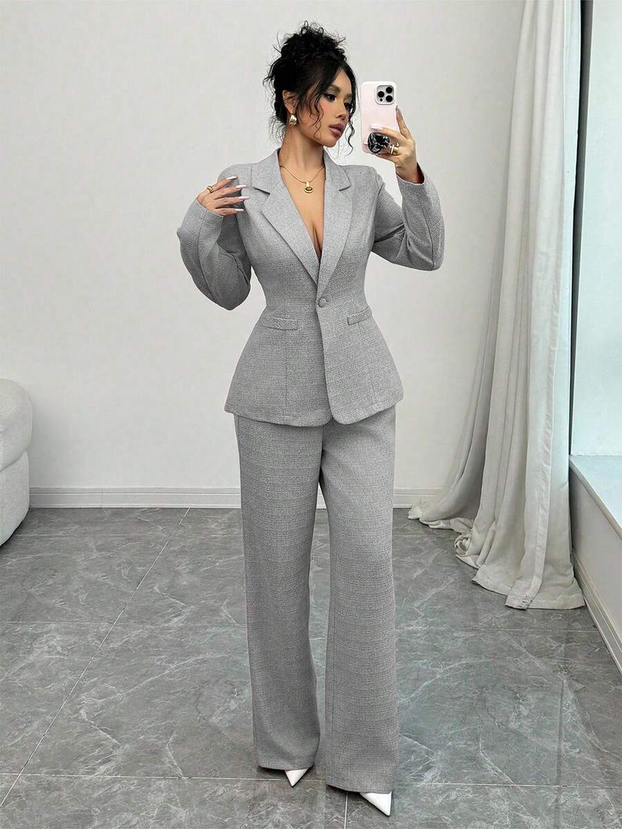 Elenzga 2 件女士优雅粉色西装套装 - 西装外套和配套裤子，适合办公室、商务、派对、情人节约会 - 黑與白 - 查看 1