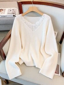 EMERY ROSE New Elegant Lace Trim V-Neck Soft & Versatile Plus Size Knit Sweater Top For Women Fall Winter Cloth For Women Autumn - Beige - View 2