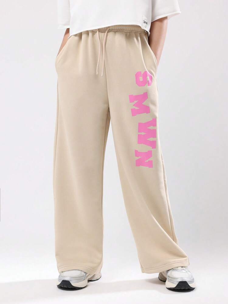 Pantalon de survêtement en polaire à jambes larges avec imprimé lettre rose