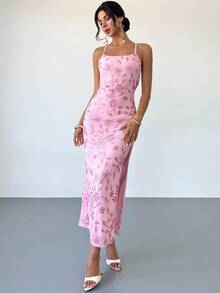 Firerie 女士优雅性感花卉亮片露背交叉肩带长裙，适合度假、约会、派对、毕业典礼、舞会 - 粉色 - 粉色 - 查看 5