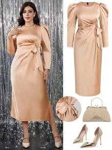 Ellevyn Plus Size Women's Satin Long Sleeve Waist Cinched Dress, Champagne Color, Suitable For Autumn And Winter Dresses For Women Dresses For Women Elegant Fall Dresses For Women Elegant Dresses For Women Maxi Dresses For Women Plus Size Dresses Long Sleeve Dress Fall Dresses Dresses For Women Party Halloween Costumes Halloween Clothes Plus Size Women Clothes Festival Outfits For Women Winter Clothes Women's Fall Clothes Going Out Outfits Festival Outfit Autumn Clothes - Champagne - View 2