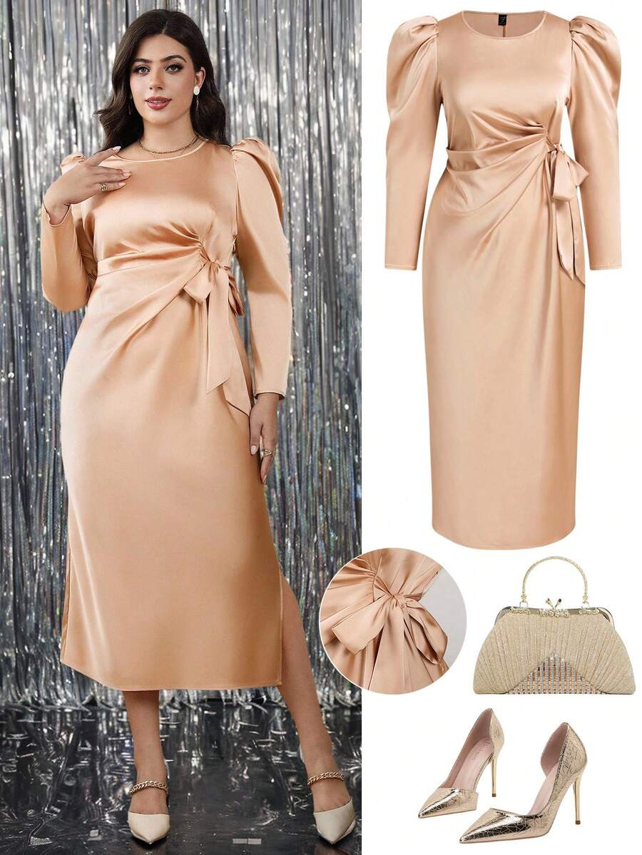 Ellevyn Plus Size Women's Satin Long Sleeve Waist Cinched Dress, Champagne Color, Suitable For Autumn And Winter Dresses For Women Dresses For Women Elegant Fall Dresses For Women Elegant Dresses For Women Maxi Dresses For Women Plus Size Dresses Long Sleeve Dress Fall Dresses Dresses For Women Party Halloween Costumes Halloween Clothes Plus Size Women Clothes Festival Outfits For Women Winter Clothes Women's Fall Clothes Going Out Outfits Festival Outfit Autumn Clothes