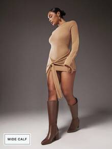 SHUZIA 女士3英寸粗跟PU棕色过膝长靴——时尚舒适，适合小腿较粗的女性，是打造自信优雅造型的必备奢华单品。圣诞节和情人节的理想之选。 - 棕色 - 查看 4