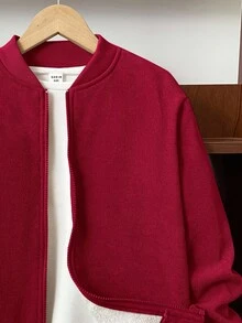 SHEIN 男童灯芯绒保暖内衬拉链棒球夹克，可搭配万圣节连帽衫，适合秋季穿着，长袖，适合通勤、上学、休闲、运动、秋冬季节穿着，也可作为圣诞红色冬季外套或圣诞红色夹克。 - 酒紅色 - 查看 4