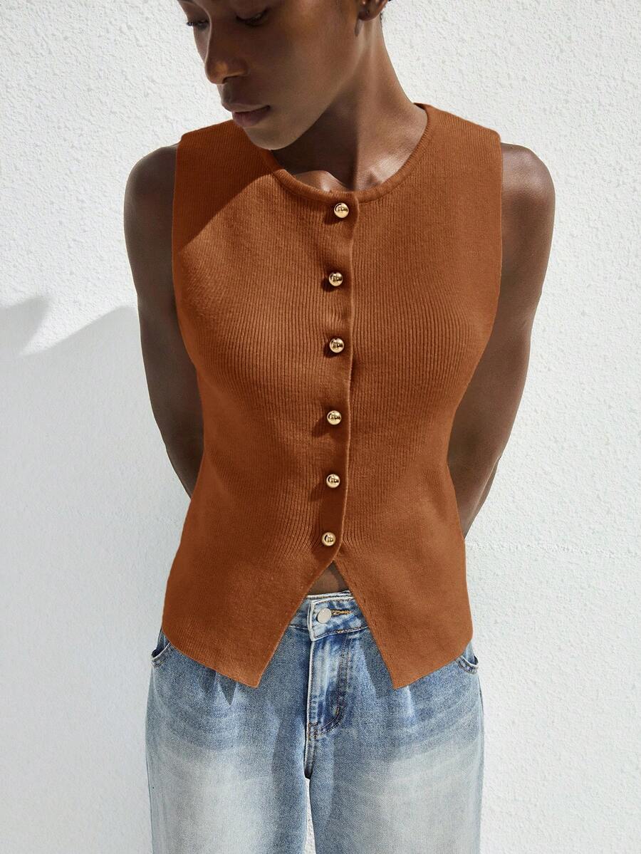 Maija 2025 Autumn/Winter Solid Color Front Button Sleeveless Knit Top, Elegant Urban Chic, Suitable For Workplace, Commute, Business, Casual, Wedding Guest, Party, Office Wear