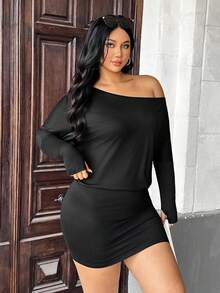 Auralis 大码女装黑色连衣裙，露肩连衣裙，休闲女装，不对称女装，斜肩连衣裙，秋季可爱连衣裙，长袖连衣裙