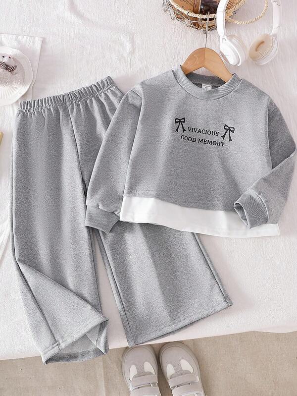 Genkimix Kids Set de 2 sudaderas holgadas con estampado floral y decoración de lazo, estilo coreano para niñas