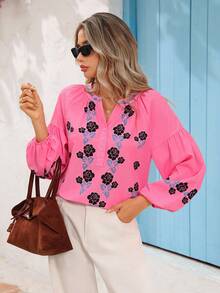 Vivid Eden Top casual à manches lanternes avec imprimé floral et encolure avec trou de serrure, automne - Rose bonbon - Voir 4