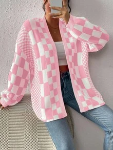 EMERY ROSE Minimalist Comfortable Checkered Cardigan, Spring/Autumn Fall Winter Cloth For Women - Baby Pink - View 4