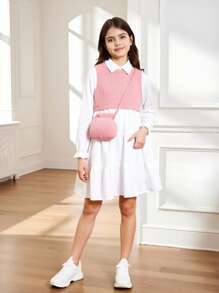 SHEIN Tween-Mädchen 3-teiliges Westenset mit Perlendekor und weißem, langärmeligem Lässig Hemdkleid, einschließlich 1 Umhängetasche, Herbst-/Winterset