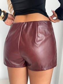 Aloruh Women's Fashionable Solid Color Low-Waist Shorts, Summer Fall Clothes Fall Clothes For Women All Women Fall For Women Fall Autumn Clothes Women's Fall Clothes Shorts For School  Concert Women Raves Festival Country Concert Ibizas Nashvilles Western Wear Women Western Boho Streetwear Tropical Gyaru Western Wear Women Western Gyaru Autumn Versatile Low Waist Leather Pants Y2K Cute Motorcycle Hot Girl Wine Red Short