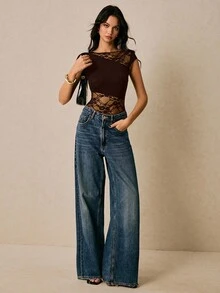 Poéselle Women's Fashionable Sexy Lace Patchwork Bodysuit