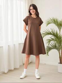 Abito maglione lavorato a maglia ampio e casual per ragazze adolescenti, adatto per uso domestico, uso quotidiano, vacanze, estate, viaggi - Cammello - Visualizzare 1