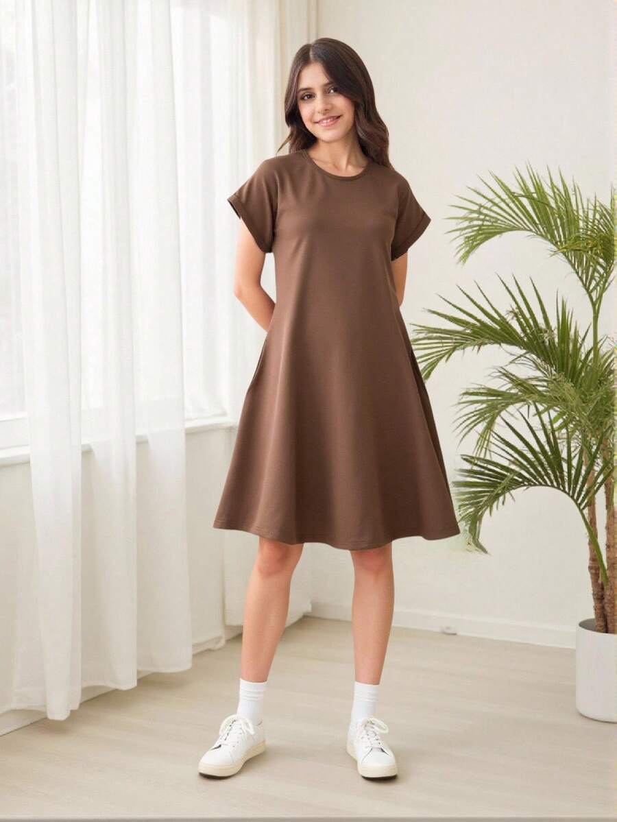 Abito maglione lavorato a maglia ampio e casual per ragazze adolescenti, adatto per uso domestico, uso quotidiano, vacanze, estate, viaggi - Cammello - Visualizzare 1