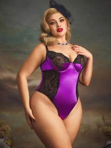Spicy Aura Plus Size Women Contrast Lace Sexy Lingerie Bodysuit - Purple - View 3
