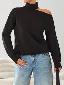 Maglione casual da donna a collo alto, con spalle scoperte e maniche a goccia, in tinta unita