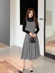 少女 2 件套：黑色千鸟格印花连衣裙和黑色高领修身 T 恤，优雅办公室套装千鸟格连衣裙中长连衣裙休闲连衣裙格子连衣裙格纹连衣裙长袖连衣裙 16 岁中长款女孩连衣裙长袖连衣裙长裙女孩 - 黑與白 - 查看 3