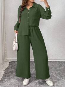 INAWLY 大码女式纯色长袖单排扣衬衫和阔腿裤休闲套装，秋季 - 軍綠色 - 查看 3