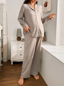 SHEIN Moonlight & Mama Women Contrast Trim Collar Long Sleeve Top & Pants Loose Maternity Pajama Set, Fall Winter Clothes