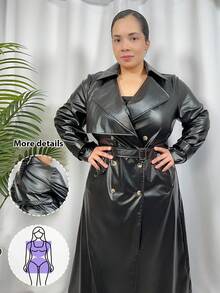 Hourglow Cardis.Ego 女士秋季外套，冬季大码女式时尚街头时尚 PU 皮革翻领双排扣系带长款风衣，秋季，适合沙漏型身材