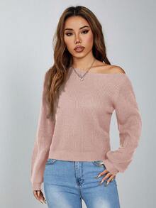 SHEIN PETITE 斜肩露肩針織套頭毛衣 不對稱領口長袖上衣 秋冬款 小碼女款 - 藕粉色 - 查看 8