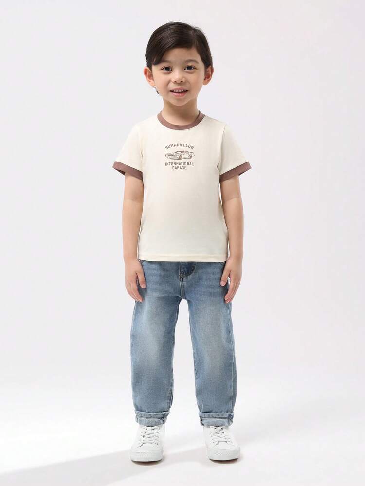 Cream Ringer T-Shirt With Vintage Car Print
